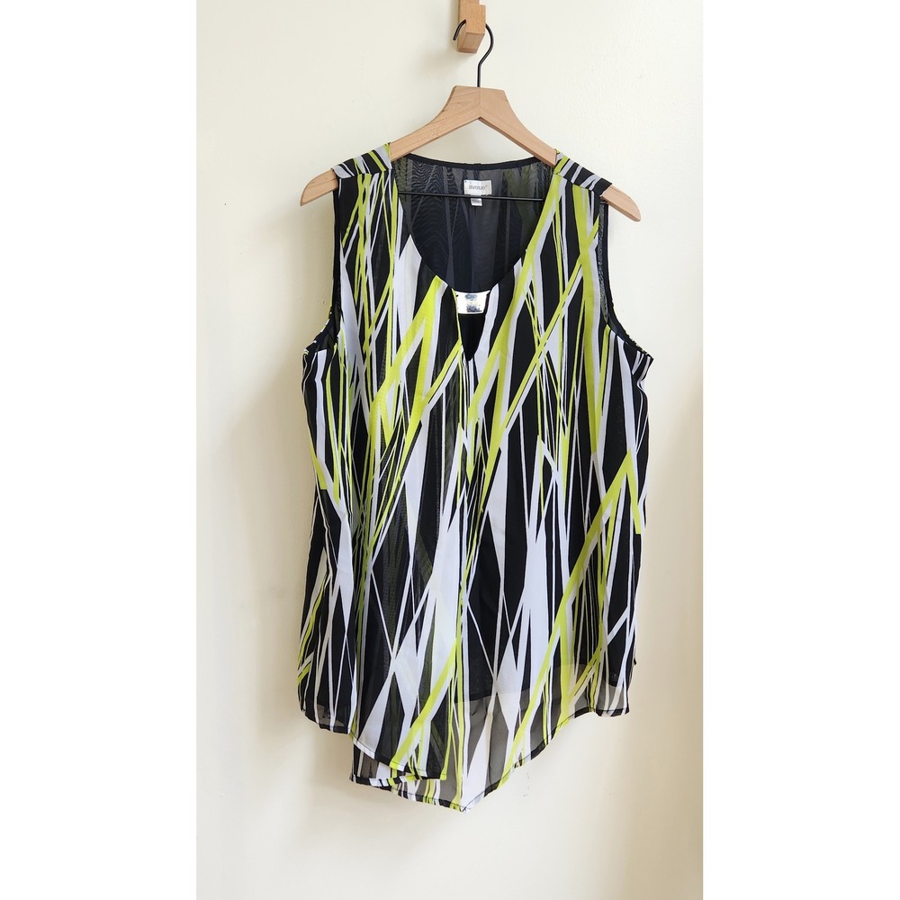 Avenue Blouse Women 14/16 Black Green Abstract Geo Print Chiffon Top Art to Wear
